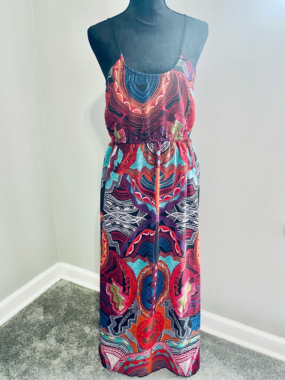 Angie Red and Blue Printed Spaghetti-Strap Maxi Dress